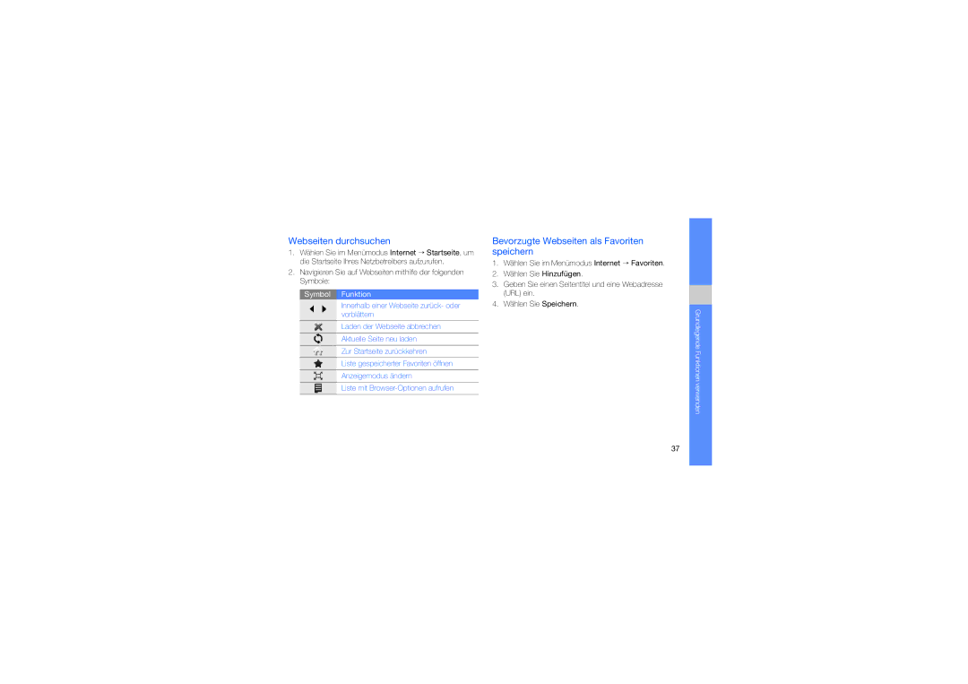 Samsung GT-S5230LKNDBT manual Webseiten durchsuchen, Bevorzugte Webseiten als Favoriten speichern 