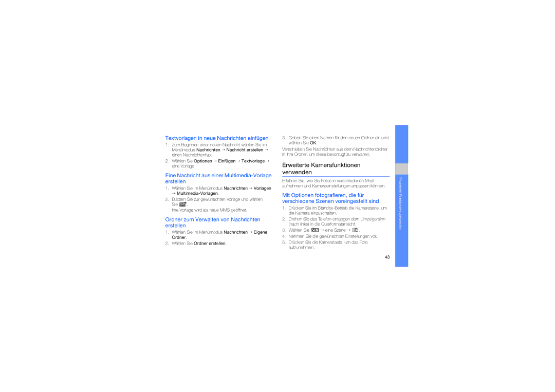 Samsung GT-S5230LKNDBT manual Erweiterte Kamerafunktionen verwenden, Textvorlagen in neue Nachrichten einfügen 