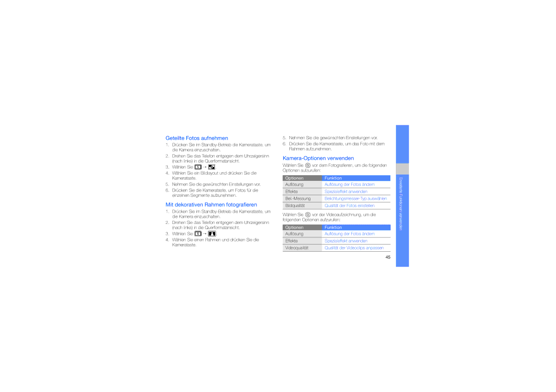 Samsung GT-S5230LKNDBT manual Geteilte Fotos aufnehmen, Mit dekorativen Rahmen fotografieren, Kamera-Optionen verwenden 