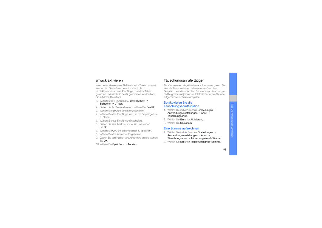 Samsung GT-S5230LKNDBT manual UTrack aktivieren, Täuschungsanrufe tätigen, So aktivieren Sie die Täuschungsanruffunktion 