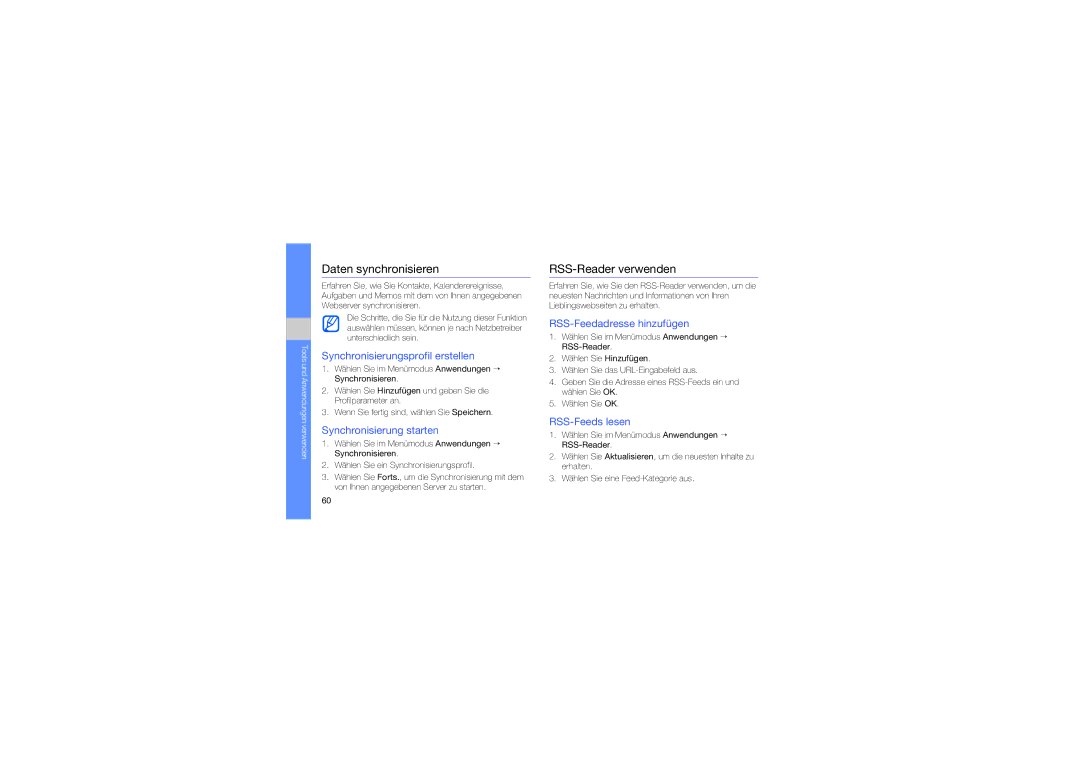 Samsung GT-S5230LKNDBT manual Daten synchronisieren, RSS-Reader verwenden 