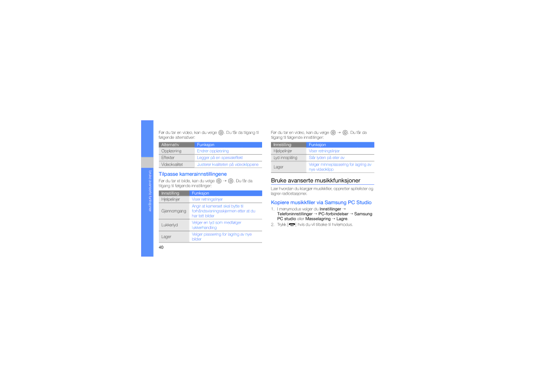 Samsung GT-S5230LKNNEE, GT-S5230LKNXEC manual Bruke avanserte musikkfunksjoner, Tilpasse kamerainnstillingene 