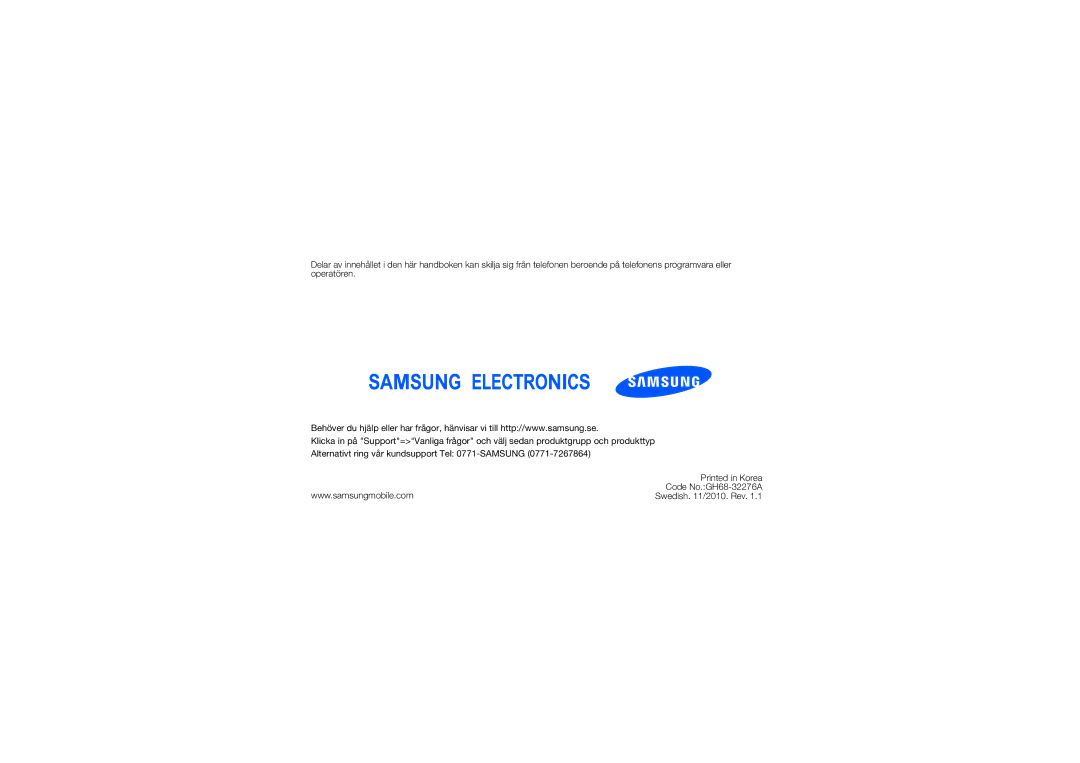 Samsung GT-S5230LKNNEE, GT-S5230LKNXEC manual Swedish /2010. Rev 