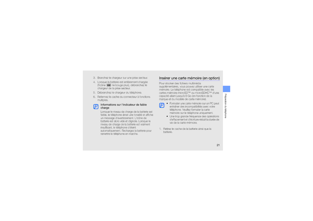 Samsung GT-S5230LKNBOG manual Insérer une carte mémoire en option, Retirez le cache de la batterie ainsi que la batterie 