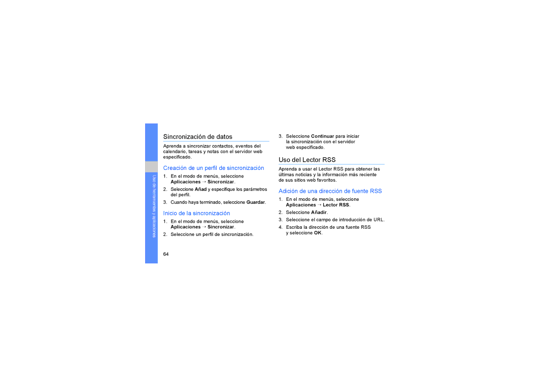 Samsung GT-S5230LKWAMN manual Sincronización de datos, Uso del Lector RSS, Creación de un perfil de sincronización 