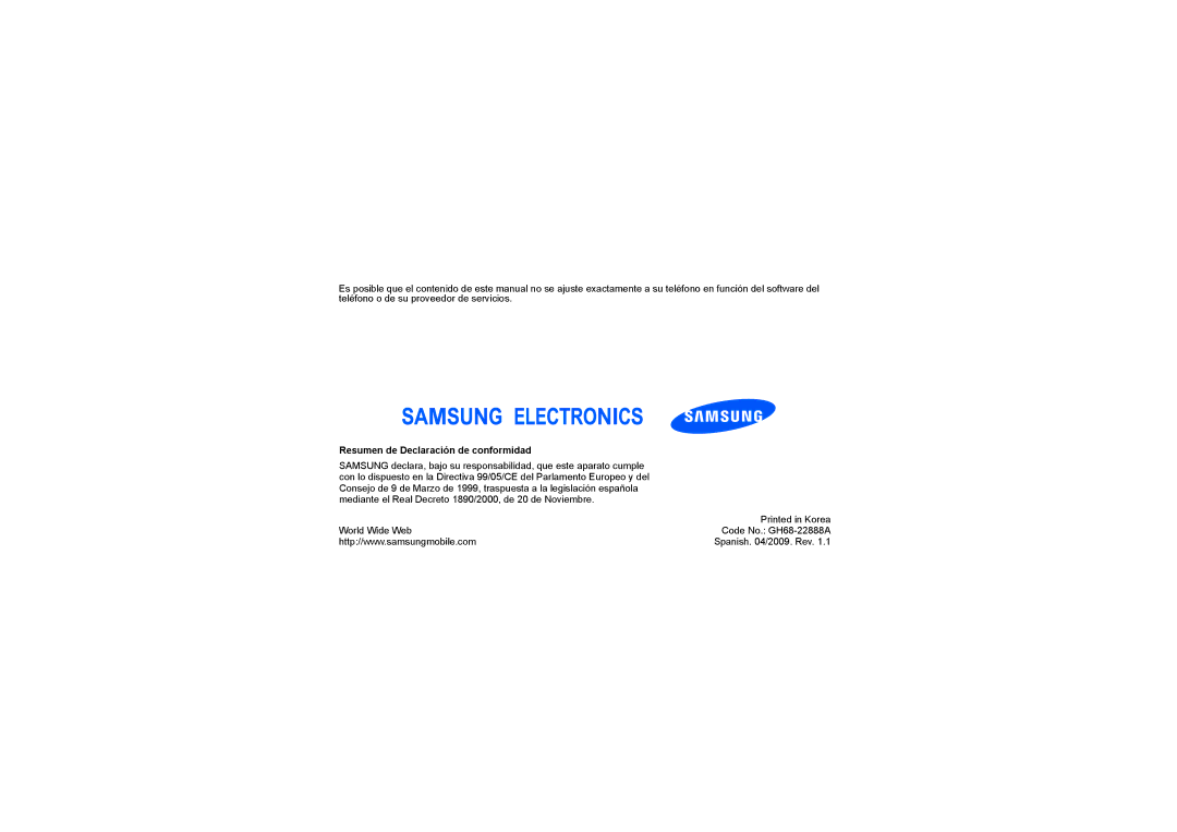 Samsung GT-S5230LKWAMN, GT-S5230OWWAMN, GT-S5230LKWFOP, GT-S5230DIWTEE, GT-S5230OWWTEE Resumen de Declaración de conformidad 