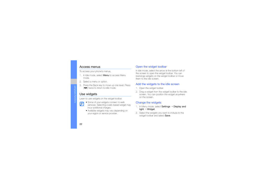 Samsung GT-S5230MSWSER manual Access menus, Use widgets, Open the widget toolbar, Add the widgets to the idle screen 