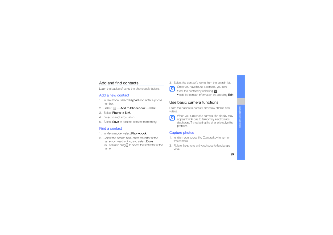 Samsung GT-S5230DIWCIT manual Add and find contacts, Use basic camera functions, Add a new contact, Find a contact 