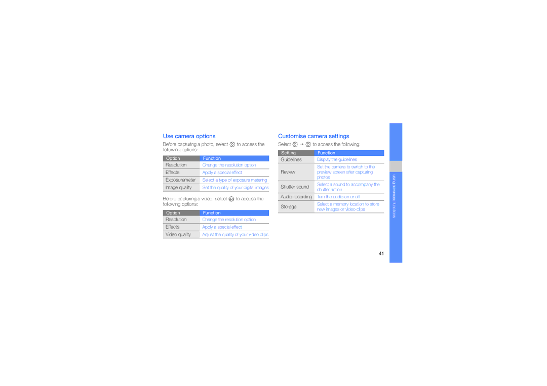 Samsung GT-S5230MSWSKZ, GT-S5230LKWDBT, GT-S5230MSWDBT manual Use camera options, Customise camera settings, Image quality 