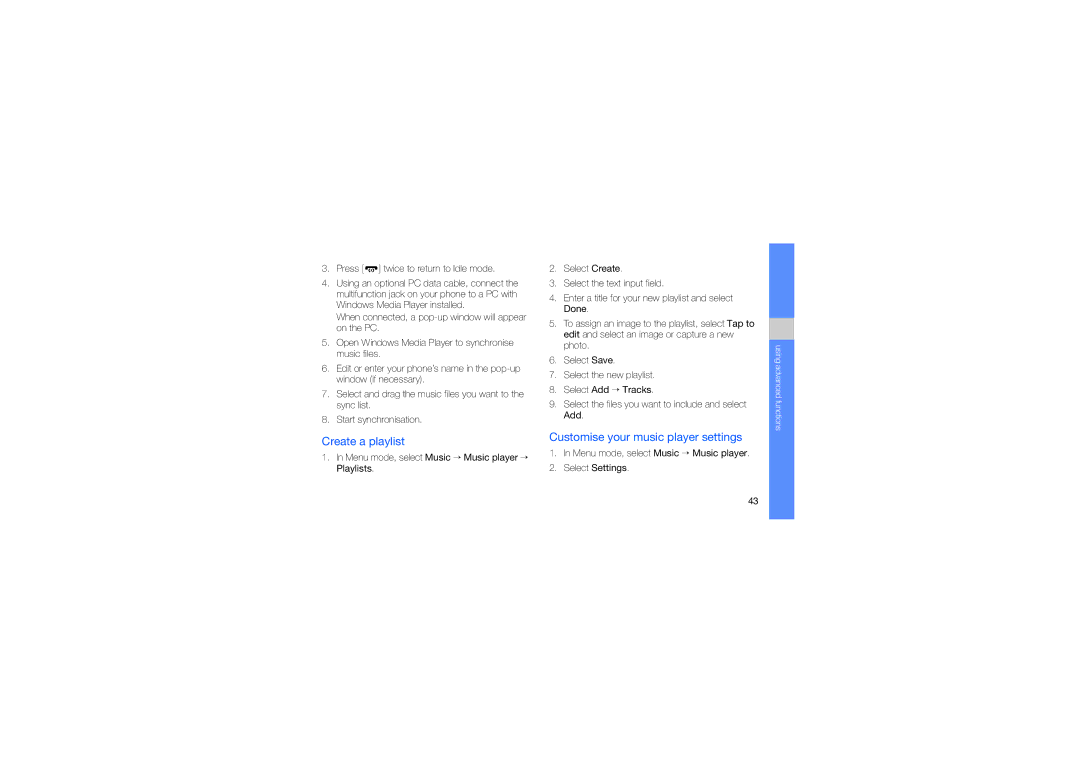 Samsung GT-S5230LKWSEB, GT-S5230LKWDBT, GT-S5230MSWDBT manual Create a playlist, Customise your music player settings 