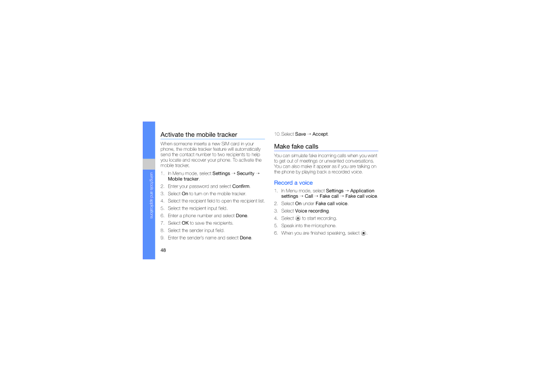 Samsung GT-S5230OWWSER, GT-S5230LKWDBT, GT-S5230MSWDBT manual Activate the mobile tracker, Make fake calls, Record a voice 