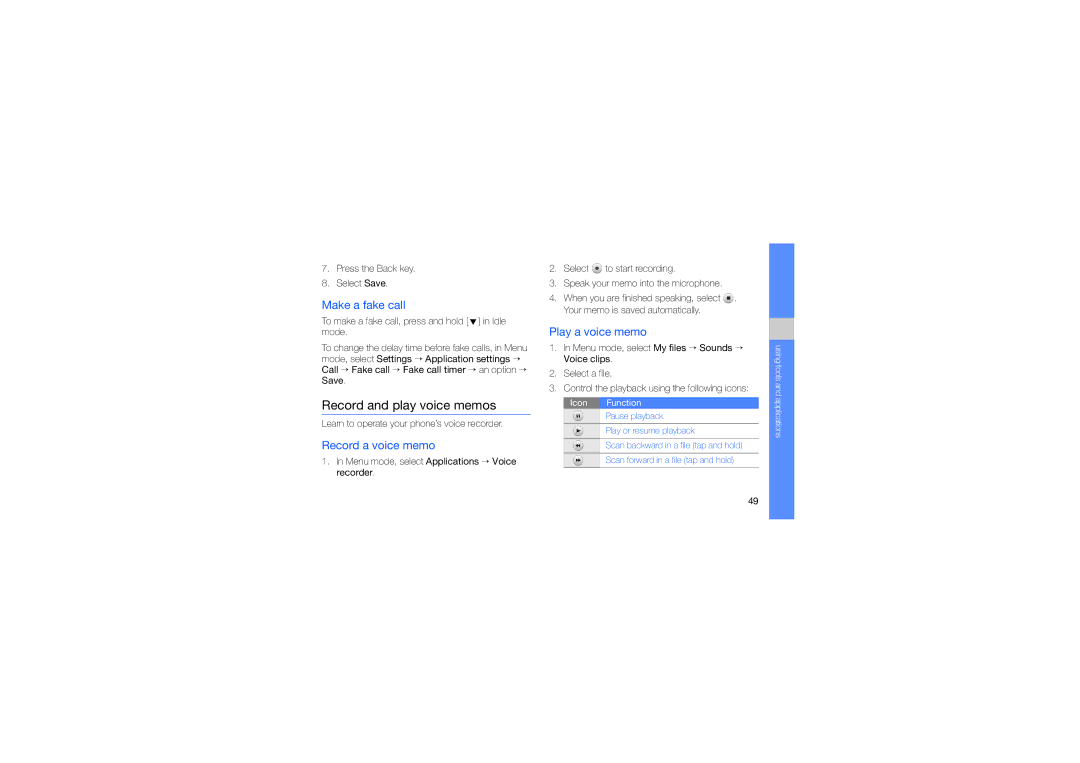 Samsung GT-S5230OWWSVZ manual Record and play voice memos, Make a fake call, Record a voice memo, Play a voice memo 