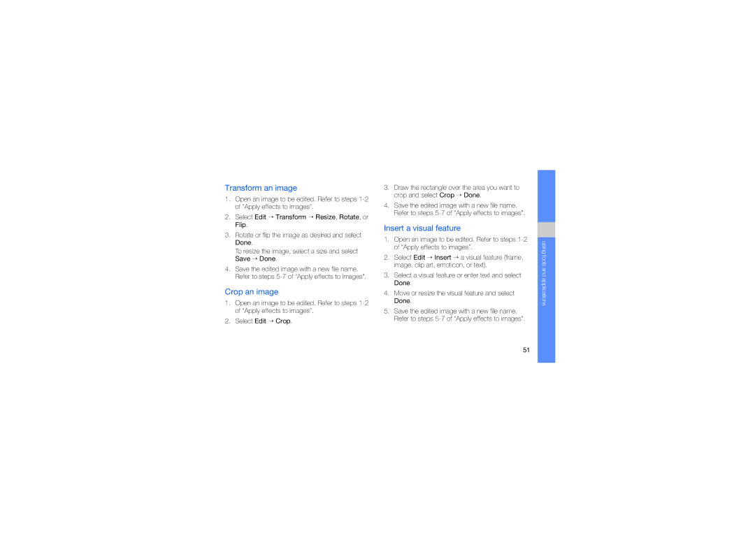 Samsung GT-S5230MSWSER, GT-S5230LKWDBT, GT-S5230MSWDBT manual Transform an image, Crop an image, Insert a visual feature 