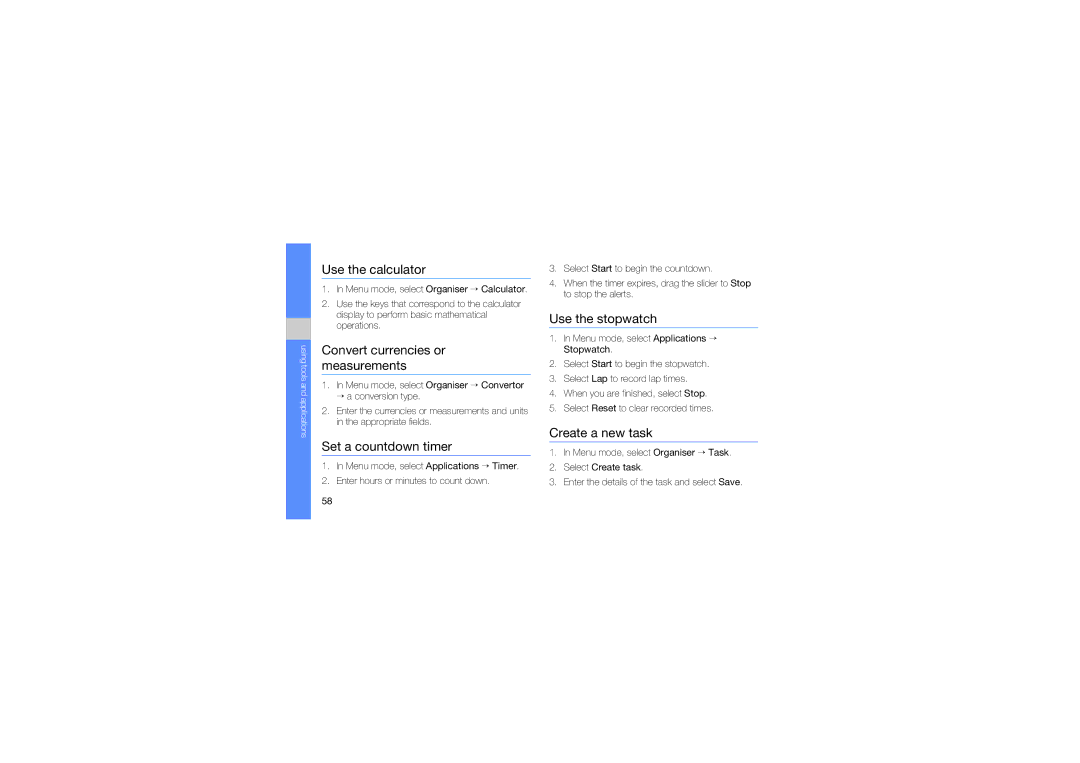 Samsung GT-S5230DIWCIT Use the calculator, Convert currencies or measurements, Set a countdown timer, Use the stopwatch 