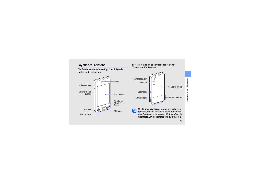 Samsung GT-S5230LKWOPT, GT-S5230LKWDBT Layout des Telefons, Kameraobjektiv Spiegel Akkuabdeckung Sperrtaste Kamerataste 