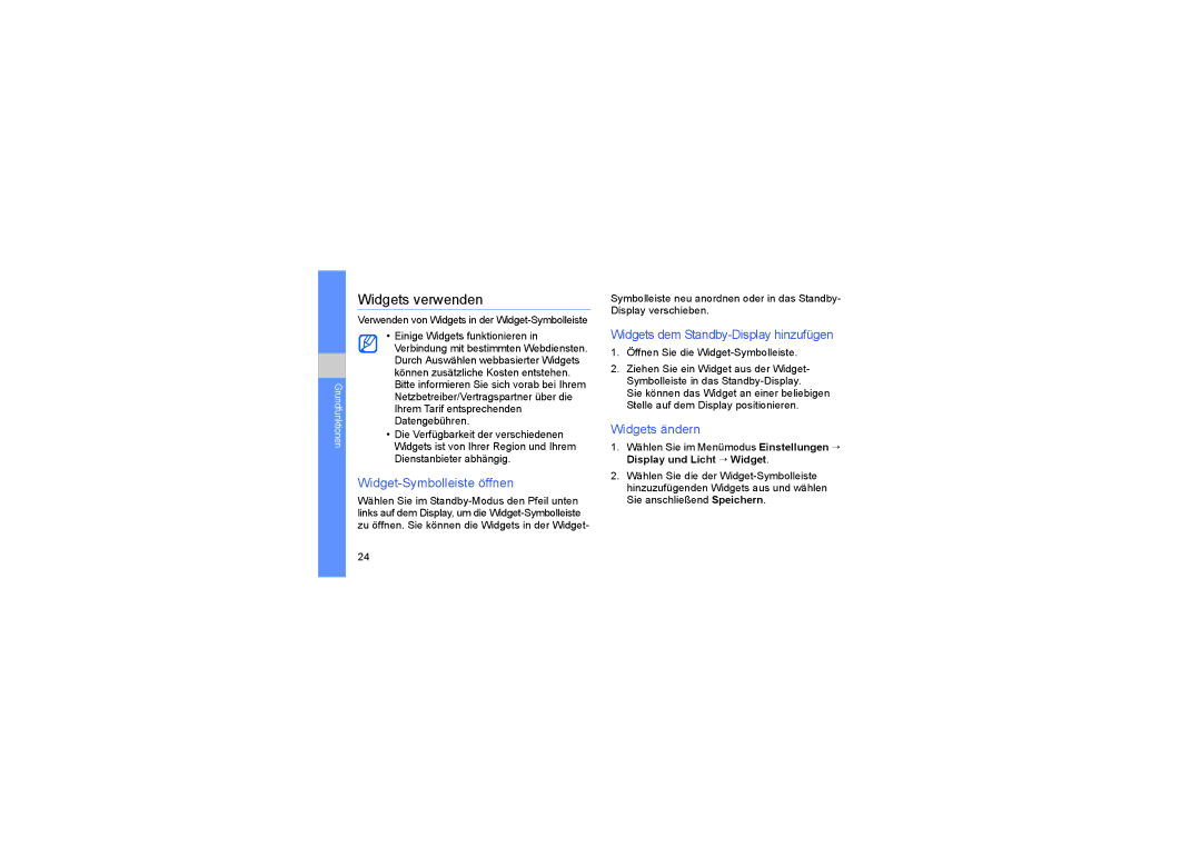 Samsung GT-S5230LKWDBT manual Widgets verwenden, Widget-Symbolleiste öffnen, Widgets dem Standby-Display hinzufügen 
