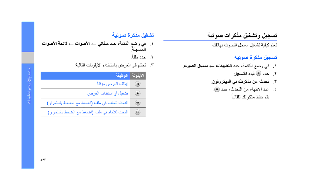 Samsung GT-S5233MSWJED, GT-S5233DIWABS, GT-S5233DIWKSA manual ةيتوص ةركذم ليغشت, ةيتوص تاركذم ليغشتو ليجست, ةيتوص ةركذم ليجست 