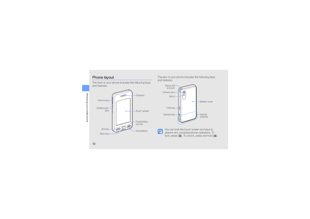 Samsung GT-S5233LKTABS, GT-S5233DIWABS manual Phone layout, Rear of your phone includes the following keys and features 