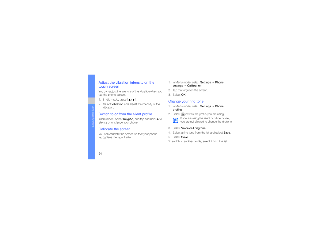 Samsung GT-S5233LKWPAK manual Adjust the vibration intensity on the touch screen, Switch to or from the silent profile 