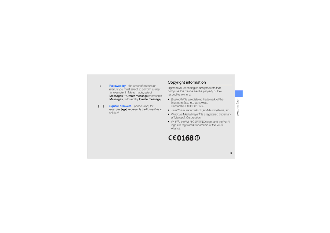 Samsung GT-S5233MSWAWF, GT-S5233DIWABS, GT-S5233DIWKSA, GT-S5233LKWMID, GT-S5233LKWMMC manual Copyright information, Iii 