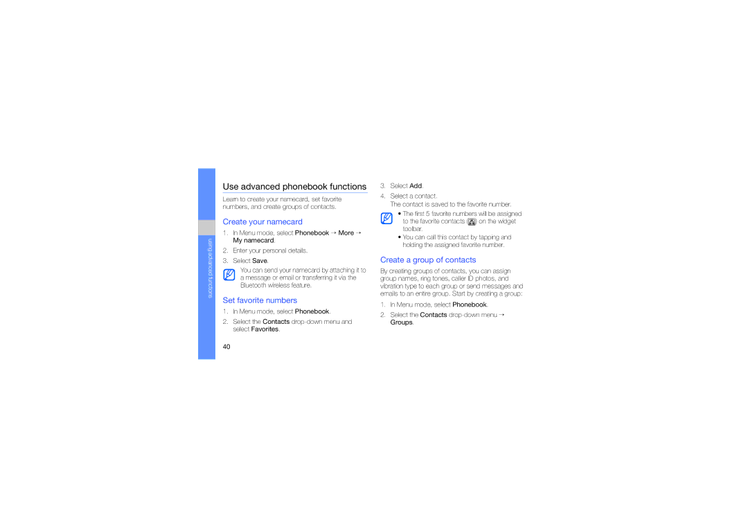Samsung GT-S5233MSWMMC, GT-S5233DIWABS manual Use advanced phonebook functions, Create your namecard, Set favorite numbers 