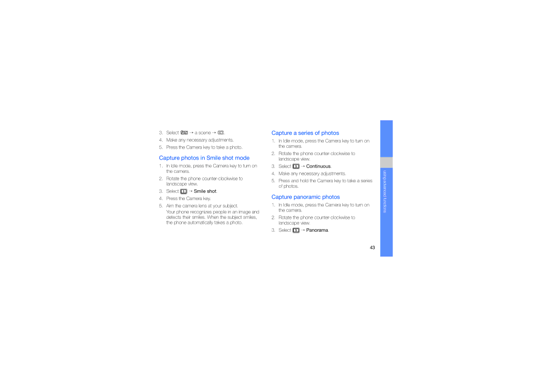 Samsung GT-S5233OWWMMC manual Capture photos in Smile shot mode, Capture a series of photos, Capture panoramic photos 