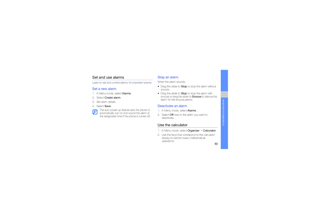 Samsung GT-S5233LKWMMC manual Set and use alarms, Use the calculator, Set a new alarm, Stop an alarm, Deactivate an alarm 