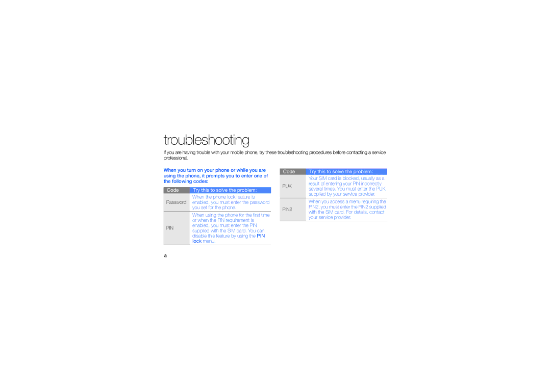 Samsung GT-S5233ZRTEGY, GT-S5233DIWABS, GT-S5233DIWKSA, GT-S5233LKWMID, GT-S5233LKWMMC, GT-S5233MSWAWF manual Troubleshooting 