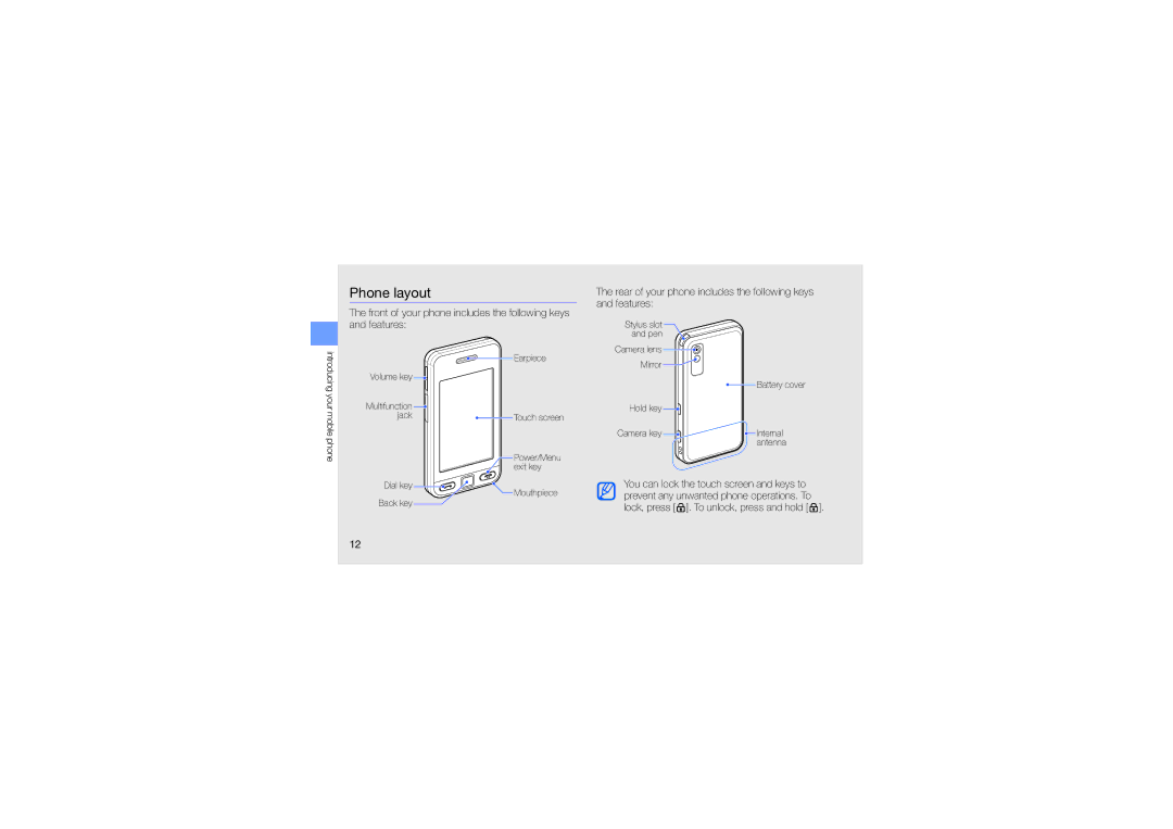 Samsung GT-S5233LKTABS, GT-S5233DIWABS manual Phone layout, Rear of your phone includes the following keys and features 