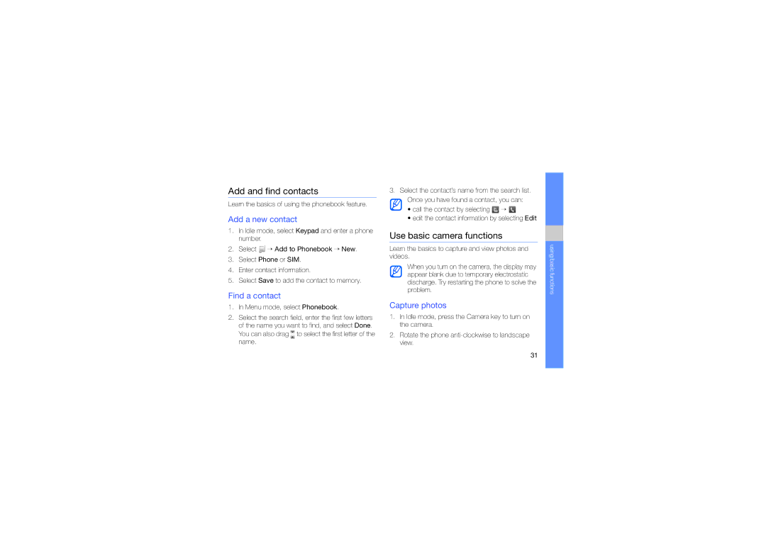 Samsung GT-S5233ZRTXSG manual Add and find contacts, Use basic camera functions, Add a new contact, Find a contact 