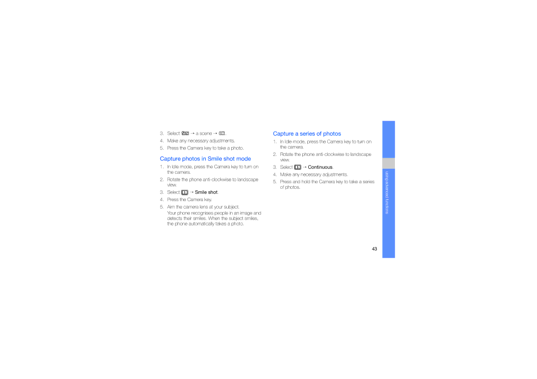Samsung GT-S5233OWWMMC, GT-S5233DIWABS, GT-S5233DIWKSA manual Capture photos in Smile shot mode, Capture a series of photos 
