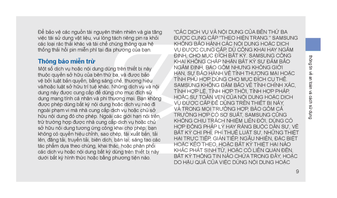 Samsung GT-S5233ZRTXEV, GT-S5233MSWXEV, GT-S5233DIWXXV, GT-S5233ZRTXXV, GT-S5233DIWXEV, GT-S5233LKWXEV manual Thông báo miễn trừ 