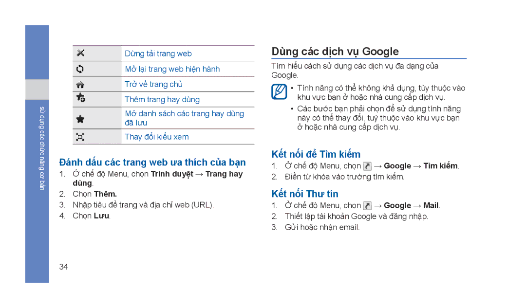 Samsung GT-S5233ZRTXXV manual Dùng các dịch vụ Google, Đánh dấu các trang web ưa thích của bạn, Kết nối để Tìm kiếm 
