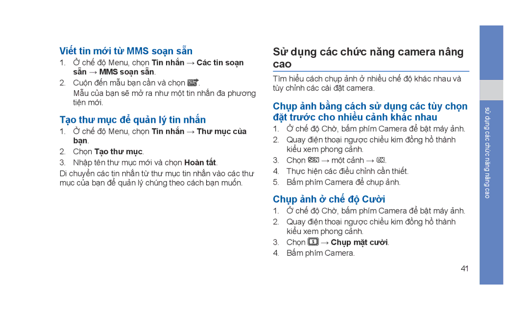 Samsung GT-S5233MSWXXV manual Sử dụng các chức năng camera nâng cao, Viết tin mới từ MMS soạn sẵn, Chụp ảnh ở chế độ Cười 