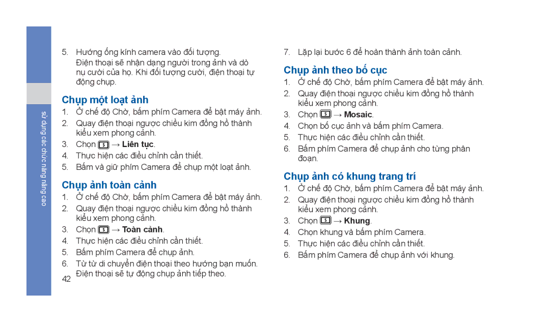 Samsung GT-S5233OWWXXV manual Chụp một loạt ảnh, Chụp ảnh toàn cảnh, Chụp ảnh theo bố cục, Chụp ảnh có khung trang trí 