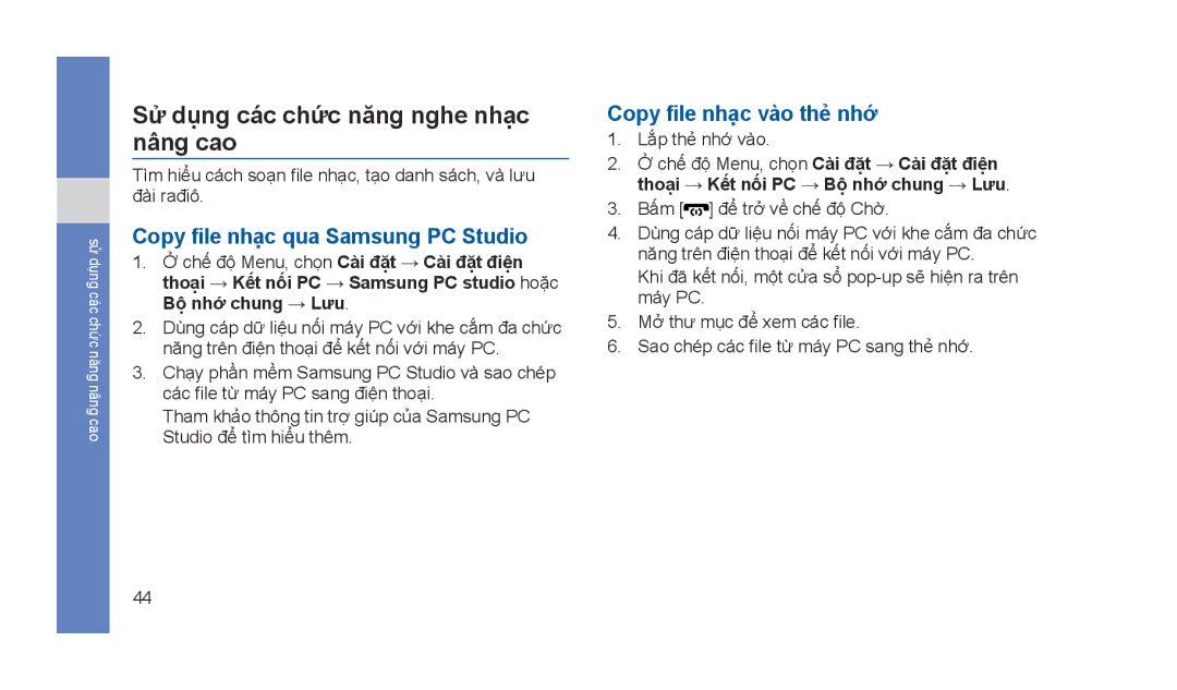 Samsung GT-S5233DIWXXV, GT-S5233MSWXEV manual Sử dụng các chức năng nghe nhạc nâng cao, Copy file nhạc qua Samsung PC Studio 