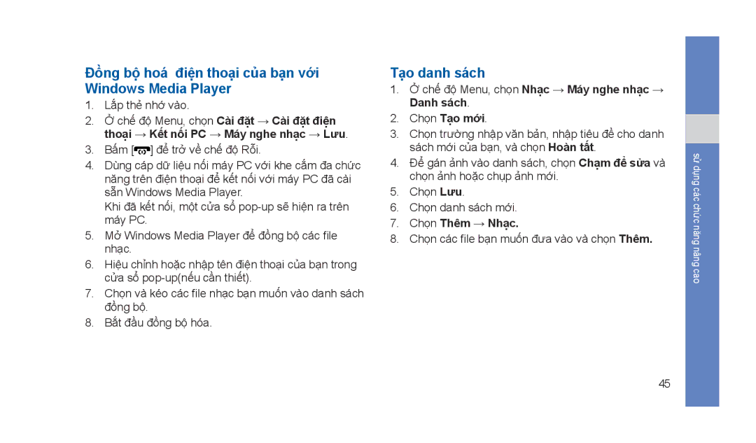 Samsung GT-S5233ZRTXEV manual Đồng bộ hoá điện thoại của bạn với Windows Media Player, Tạo danh sách, Chọn Tạo mới 
