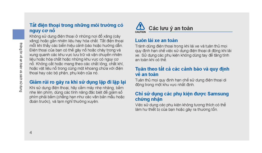 Samsung GT-S5233LKTXEV, GT-S5233MSWXEV, GT-S5233DIWXXV, GT-S5233ZRTXEV, GT-S5233ZRTXXV, GT-S5233DIWXEV manual Các lưu ý an toàn 