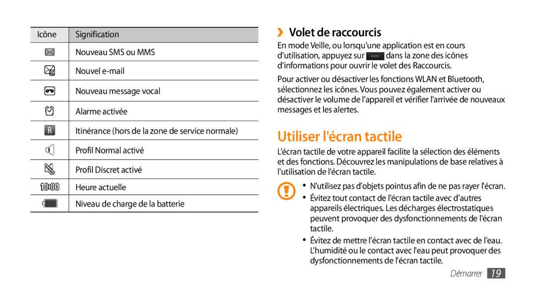 Samsung GT-S5250HKAVVT, GT-S5250HKACOA, GT-S5250PWFGBL, GT-S5250TIAGBL manual Utiliser lécran tactile, ››Volet de raccourcis 