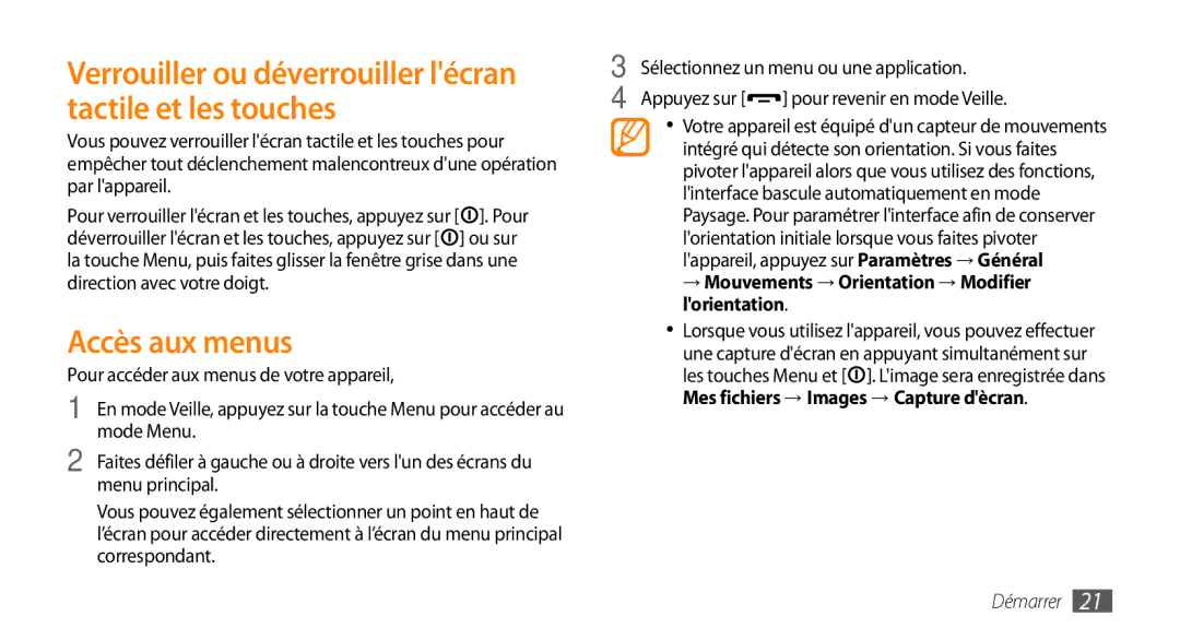 Samsung GT-S5250TIAGBL, GT-S5250HKACOA manual Verrouiller ou déverrouiller lécran tactile et les touches, Accès aux menus 