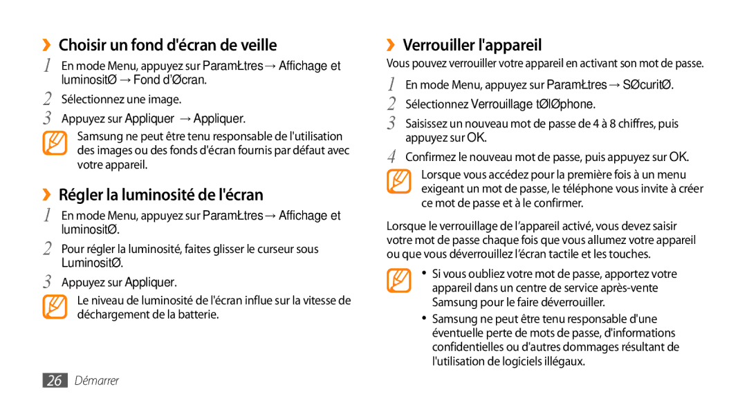 Samsung GT-S5250PWFGBL manual ››Choisir un fond décran de veille, ››Régler la luminosité de lécran, ››Verrouiller lappareil 