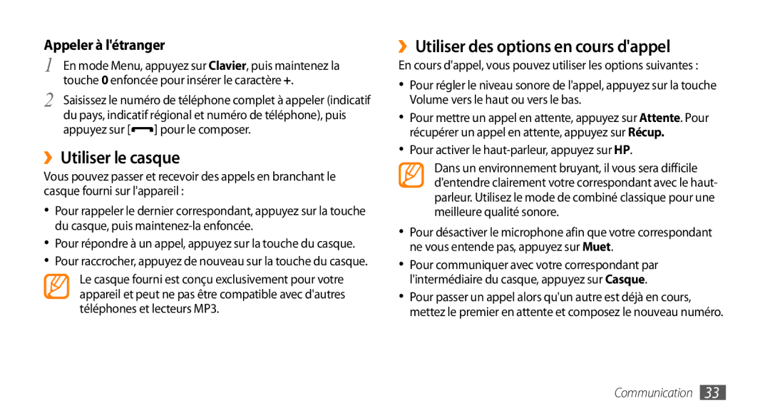 Samsung GT-S5250TIAGBL, GT-S5250HKACOA ››Utiliser le casque, ››Utiliser des options en cours dappel, Appeler à létranger 
