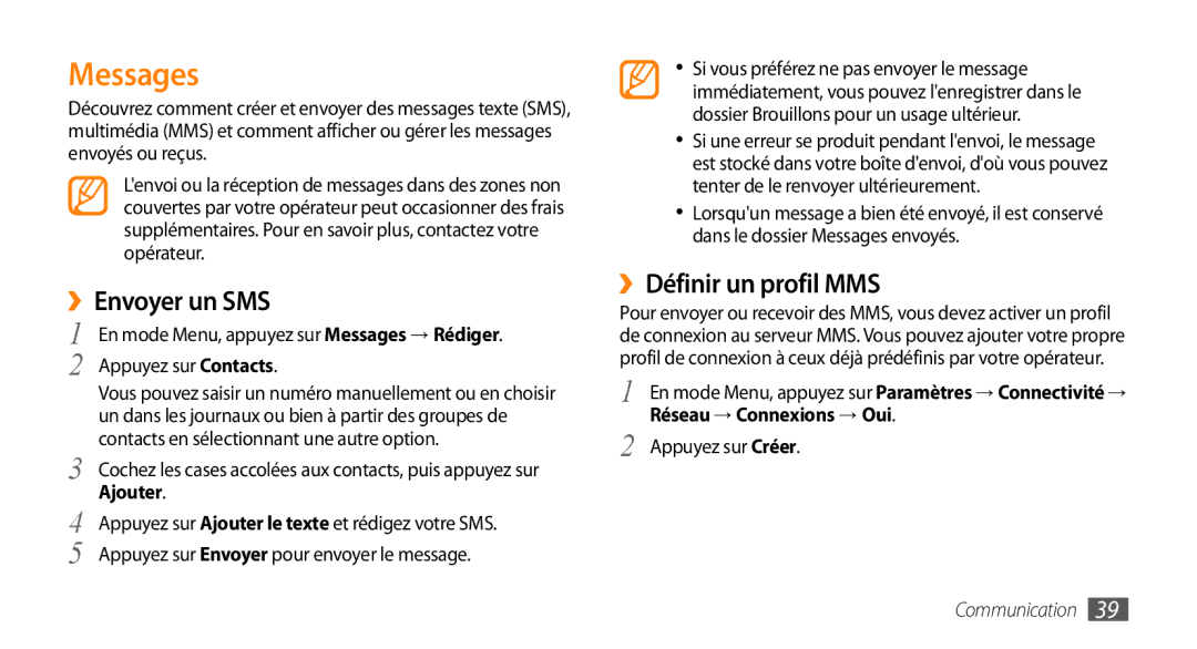 Samsung GT-S5250TIAGBL, GT-S5250HKACOA, GT-S5250HKAVVT manual Messages, ››Envoyer un SMS, ››Définir un profil MMS, Ajouter 