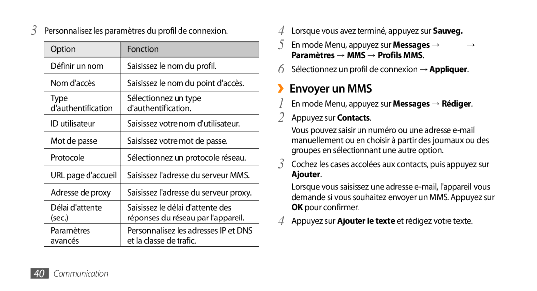 Samsung GT-S5250HKABGL, GT-S5250HKACOA, GT-S5250HKAVVT, GT-S5250PWFGBL manual ››Envoyer un MMS, Paramètres → MMS → Profils MMS 