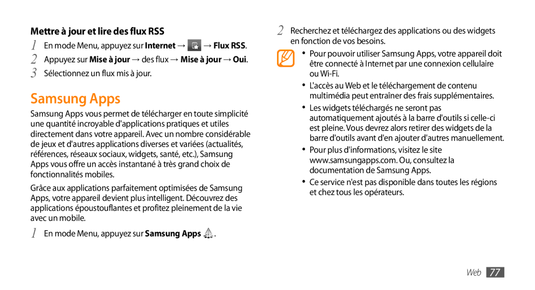 Samsung GT-S5250HKAGBL, GT-S5250HKACOA, GT-S5250HKAVVT manual Samsung Apps, Mettre à jour et lire des flux RSS, → Flux RSS 