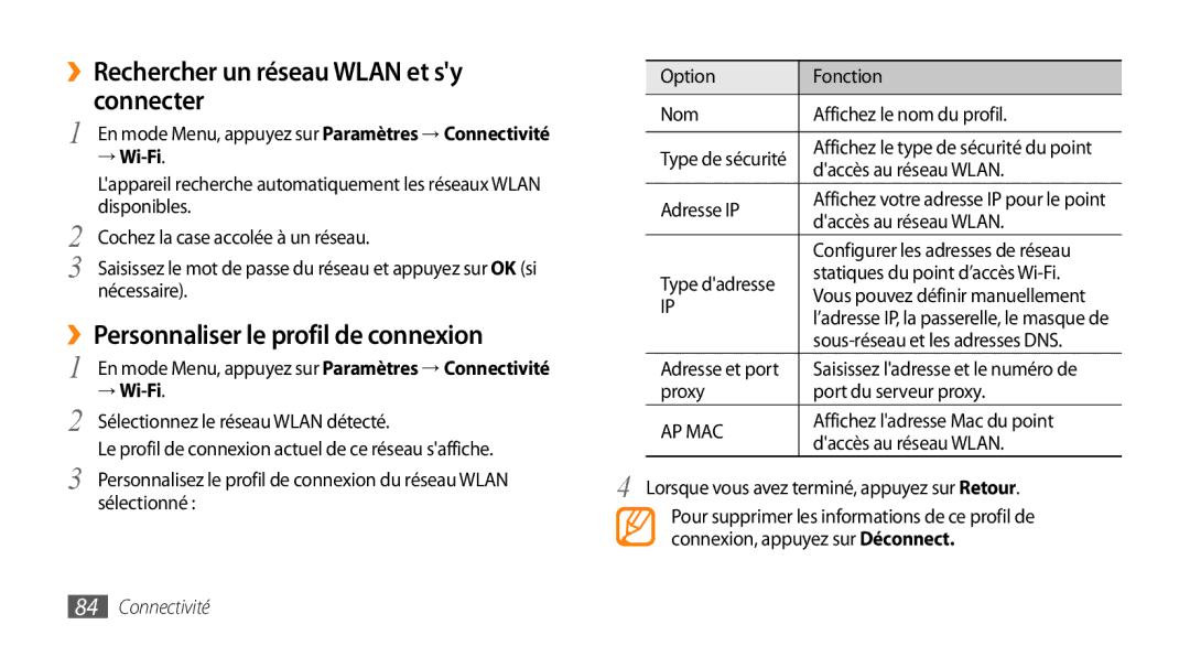 Samsung GT-S5250HKACOA manual ››Rechercher un réseau Wlan et sy connecter, ››Personnaliser le profil de connexion, → Wi-Fi 