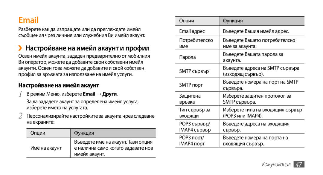 Samsung GT-S5250HKAGBL, GT-S5250HKACOA, GT-S5250HKAVVT, GT-S5250PWFGBL, GT-S5250TIAGBL ››Настройване на имейл акаунт и профил 