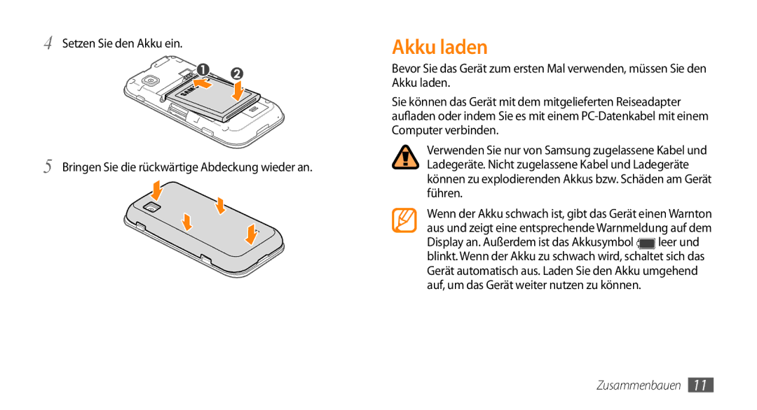 Samsung GT-S5250HKADBT, GT-S5250HKAEPL manual Akku laden 