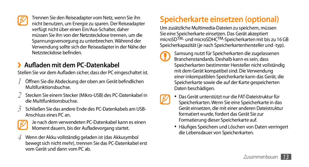 Samsung GT-S5250HKADBT, GT-S5250HKAEPL manual Speicherkarte einsetzen optional, ››Aufladen mit dem PC-Datenkabel 