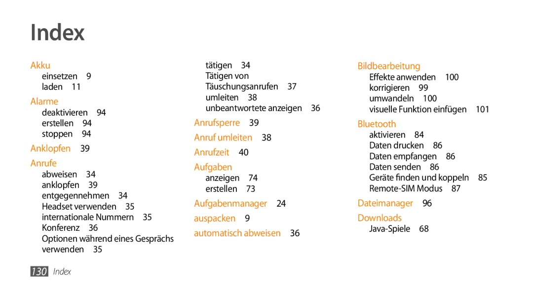 Samsung GT-S5250HKAEPL, GT-S5250HKADBT manual Index, Deaktivieren 94 erstellen 94 stoppen , 101 